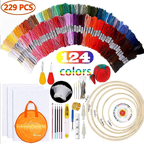 Embroidery Starter Kit with Instruction, 100 Colors Threads, 40 Sewing Pins, 3 Pieces Aida Cloth, Embroidery Hoops Set,Full Range Embroidery kit Cross Stitch Tool Kit for Adults Beginners (White-1)