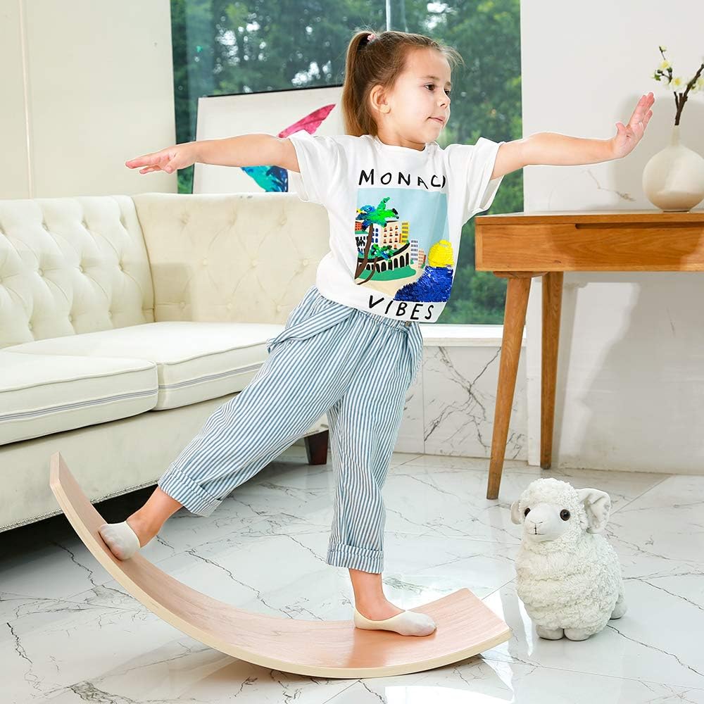 HAJACK Wooden Balance Board, Wobbel Curvy Board for Kids&Adults, Natural Wood Rocker Board, Great Kids Learning Toy for Body Training , Exercise and Physical Therapy for Home &Classroom（35 Inch Size）: Toys & Games
