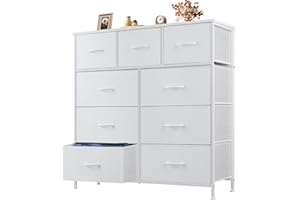 OLIXIS 9 Drawer Storage Dresser with Wood Top - Wide Fabric Chest Organizer for Bedroom, Closet, Living Room,Tower Cabinet, TV Stand, Hallway Entryway Furniture,Bright White