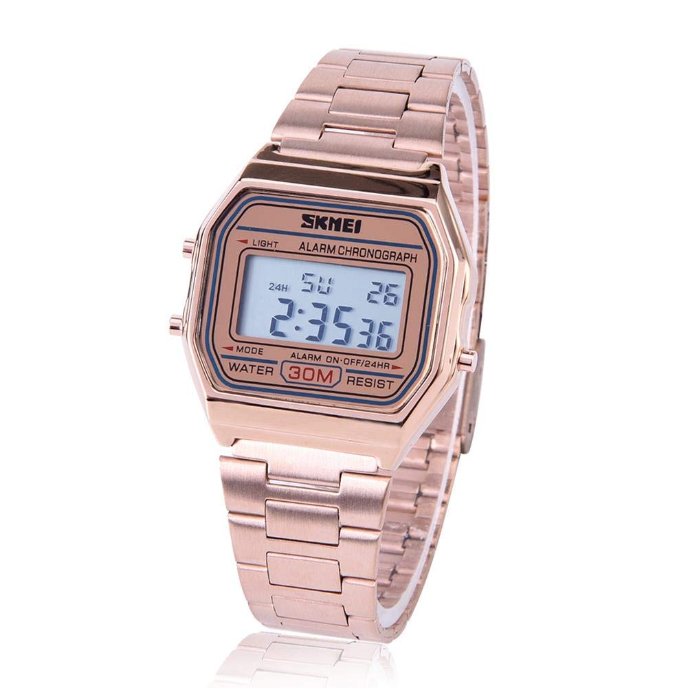 Dilwe Digital Watch, LED Backlit Stainless Steel Strap Rectangle Wristwatch with 24H Time Weekday Alarm (Rose Gold)