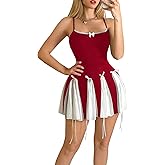 Verdusa Women's Y2K Bow Tie Criss Cross Backless Mini Dress Colorblock Lace Cami Dress