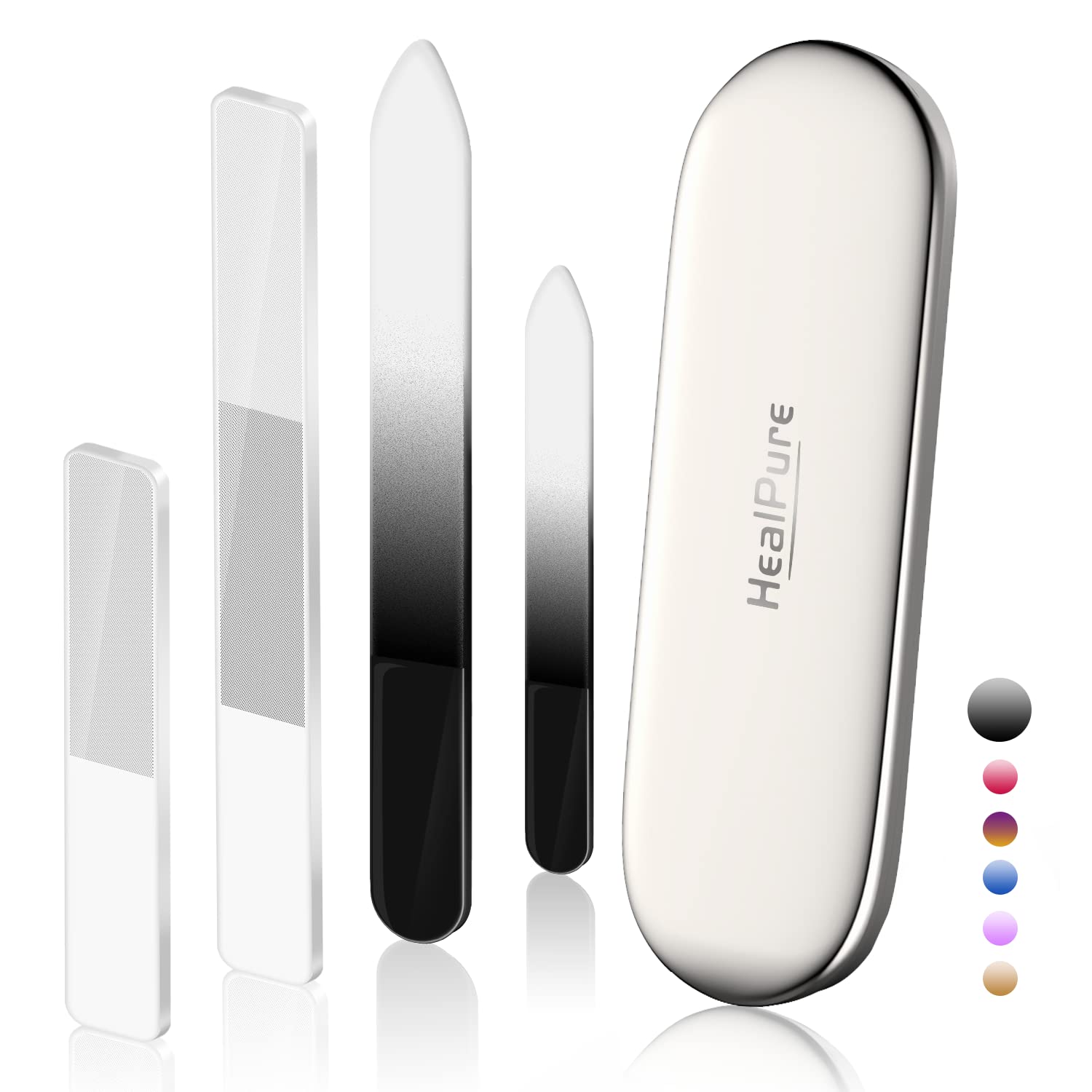 Glass Nail File and Shiner – 4PC Double Sided Etched Crystal Nail Buffer Files and Nano Nail Polishers, Professional Salon Manicure Tools Kit for Acrylic and Natural Nail (Dark Black)