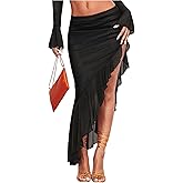 Verdusa Women's Club Outfits Asymmetrical High Slit Mesh Long Skirts Ruffle Hem Ruched Flowy Bodycon Skirt