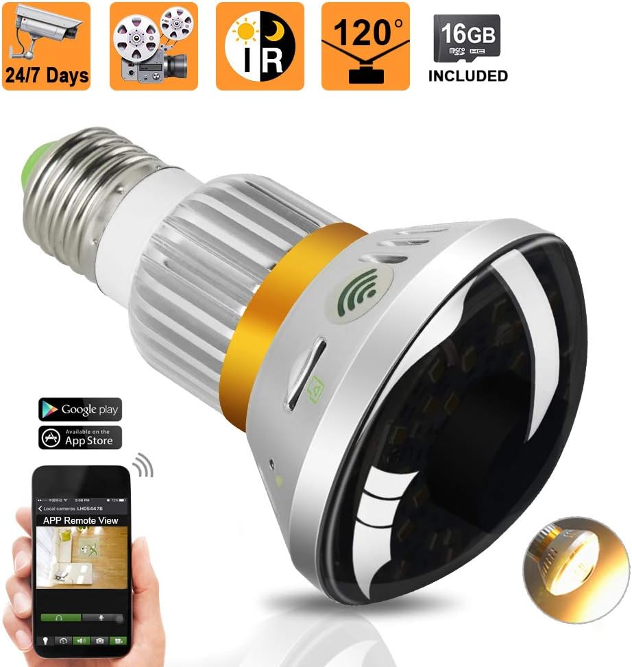16GB 720P HD Wifi Hidden Nanny Camera LED Light Bulb Camcorder with IR Night Vision, Support Remote View, Motion Activated and Loop Recording