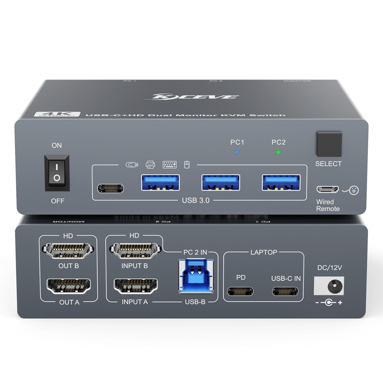 KVM Switch 2 PC 2 Monitore für 1 Laptop und 1 Desktop 4K@60Hz,USB C HDMI Dual Monitor KVM-Switches mit 4 USB 3.0 Port,80W PD Aufladung,USB-C Kabel,Verdrahtete Fernbedienung und 12V Netzteil Inklusive