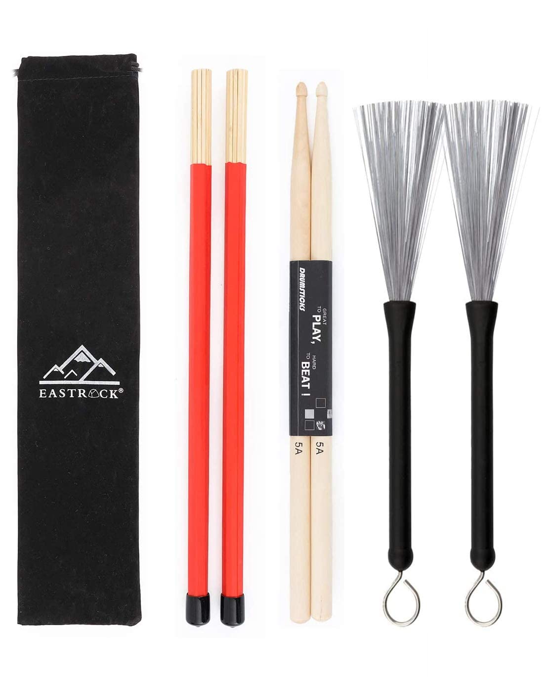 EastRock Drum Sticks Set included 5A Maple Wood Drum Sticks, Drum Wire Brushes Retractable Drum Stick Brush Drum Rods Sticks with Storage Bag