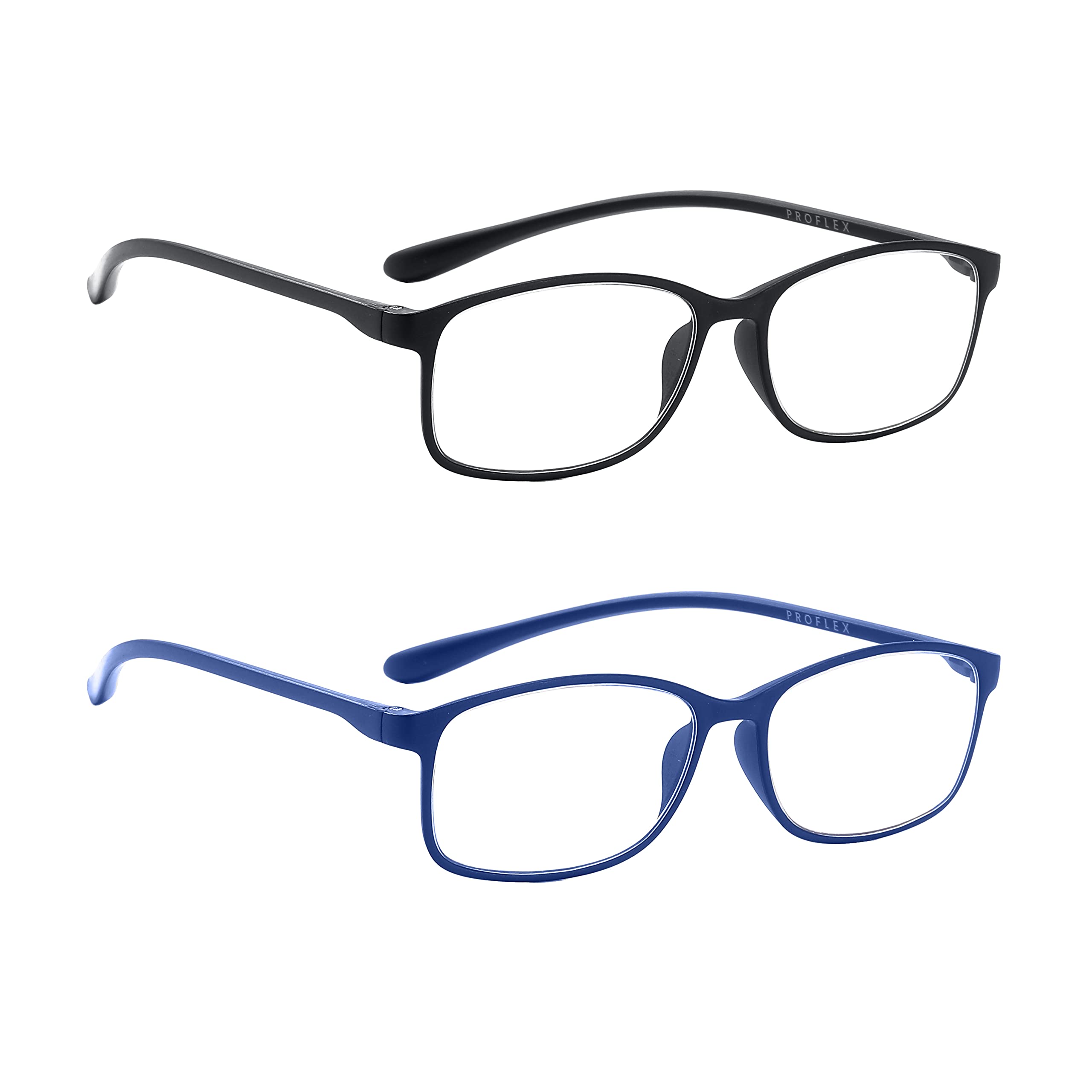 PROFLEX BluOptix Blue Light Blocking (2 Pack) lightweight, flexible, scratch resistant, unisex (mens + womens), computer screen technology reading glasses (black+blue +4.0)