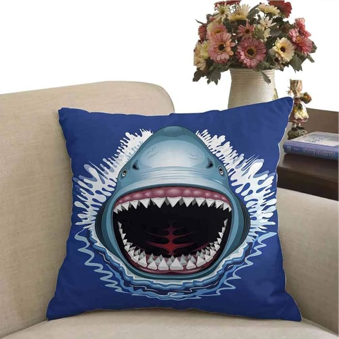 DayDayFun Custom Pillowcase Shark Decorative Cushion Covers Attack of Open Mouth Sharp Teeth Sea Danger Wildlife Ocean Life Cartoon 16 x 16 inch Royal Blue Teal