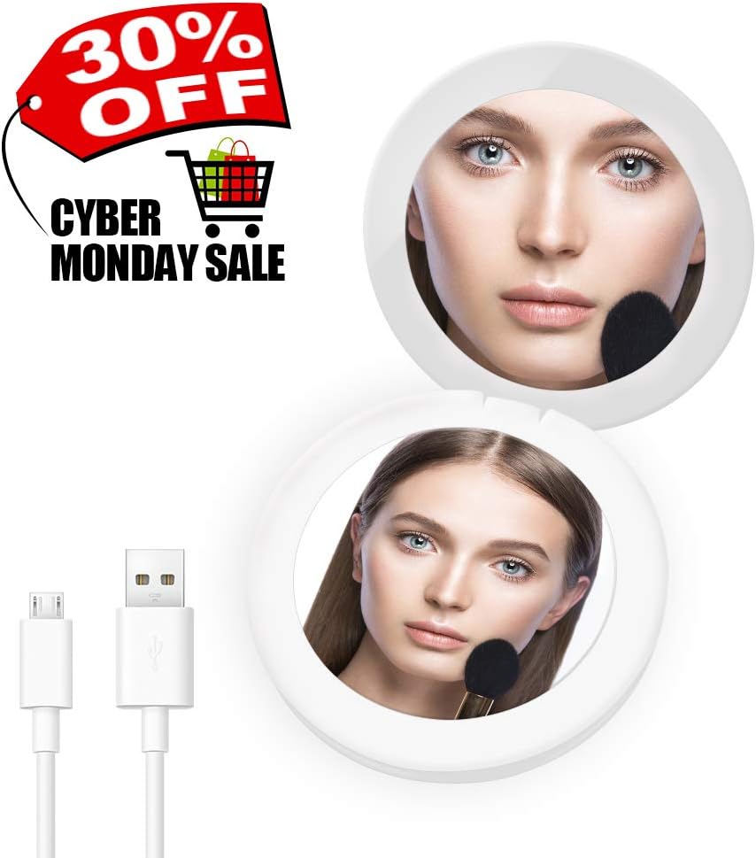 Portable Lighted Travel Makeup Mirror YALUYA Mini Compact Mobile Power Mirrors Handheld Folding Pocket Mirror with LED Lights 1x/3x Magnifying Mirrors for Beauty Cosmetic Camping (White Round)