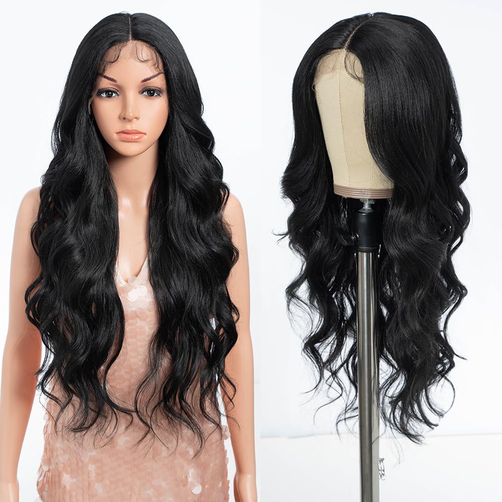 Style Icon Long Black Wave Wig Synthetic Lace Front Wig for Women 28 inch Long Body Wave Wig Pre Plucked with Baby Hair 13x4x1 Middle Part Lace Heat Resistant Fiber 150% Density