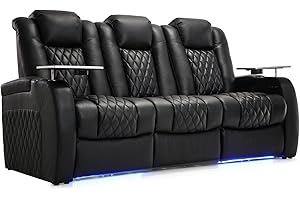 Weilianda Home Theater Seating Top Grain Leather Zero Gravity Recliner Chair Power Headrest Recline Movie Seat Gaming 7 Colors Mood Light Sofa with Tray Table USB Charge Row of 3 Loveseat Black