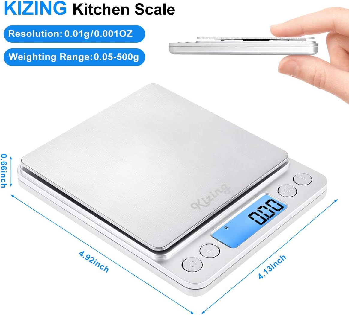 Kizing Digital Kitchen Scale, 500g/0.01g Small Pocket Jewelry Scale, Cooking Food Scale with Backlit LCD Display, Food Scales Digital Weight Gram and Oz, Stainless Steel, Battery Included, Silver: Kitchen & Dining