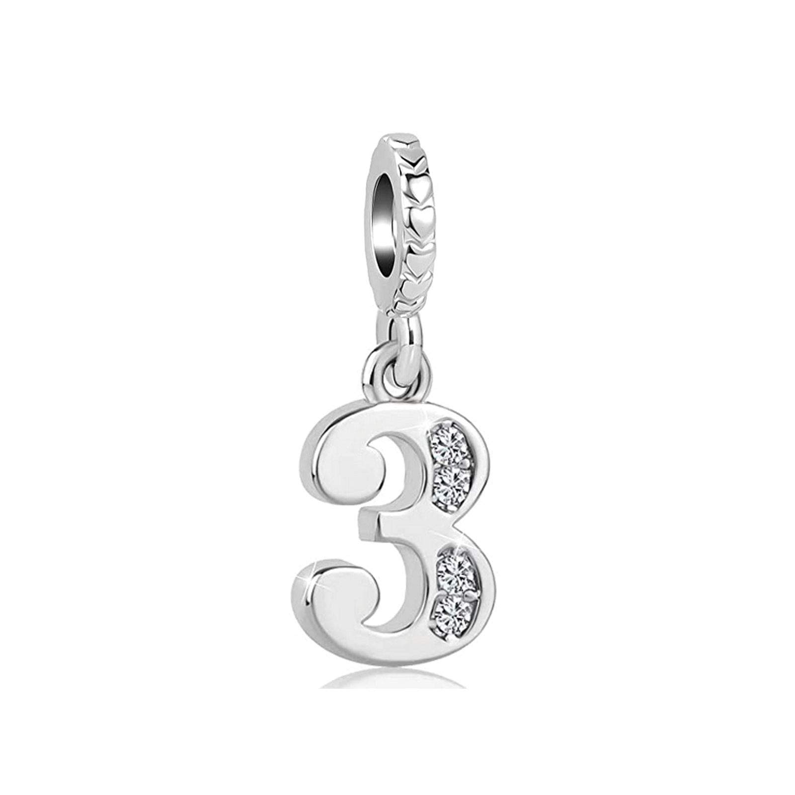 Lucky Number 3 Three Charm fits Pandora Charms Bracelets Anniversary Birthday Jewellery Gift for Women Granddaughter Silver Tone Crystal Clear CZ