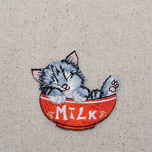 Cat in Red Milk Bowl Iron on Embroidered Patch