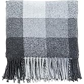 Ukrainian Wool Fringed Throw Blanket Soft Cozy Warm Lightweight Plaid Design 55 x 78 Elegant Home Decor Made in Ukraine (Gray & White)