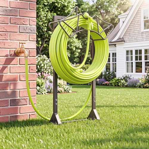 Garden Hose Holder Holds 160Ft Hoses, Heavy-Duty Freestanding Water Hose Stand with 2 Tool Hooks, Rustproof Hose Rack with 4 Spikes Hose Hanger Storage for Outside, Yard, Lawn