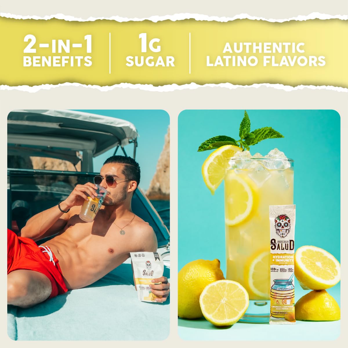 Salud 2-Pack |2-in-1 Energy + Focus (Pineapple Mango) & Hydration + Immunity (Lemonade) – 15 Servings Each, Agua Fresca Drink Mix, Non-GMO, Gluten Free, Vegan, Low Calorie, 1g of Sugar