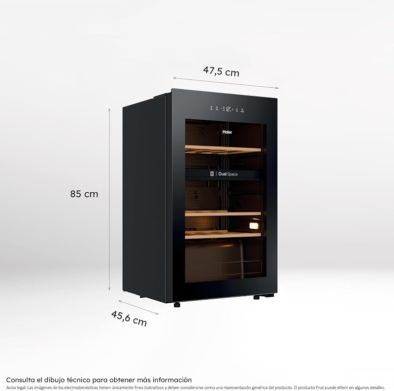 Wine Bank 50 Series 5 HWS32GDG Vinoteca de 32 Botellas, 2 Zonas Independientes, Estantes de Madera, Filtro Anti-UV, Sistema Antivibración, Display Digital, Iluminación LED, 37 dbA, Negra