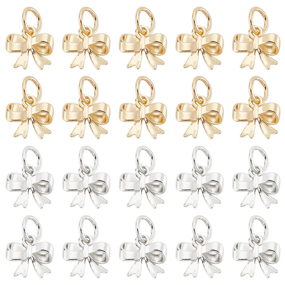 HOBBIESAY 2 Colors 20Pcs Brass Bowknot Charms Gold Silver Bow Pendants Christmas Bowknot Dangle Charms with Jump Ring for DIY Earrings Necklaces Earrings Jewelry Making