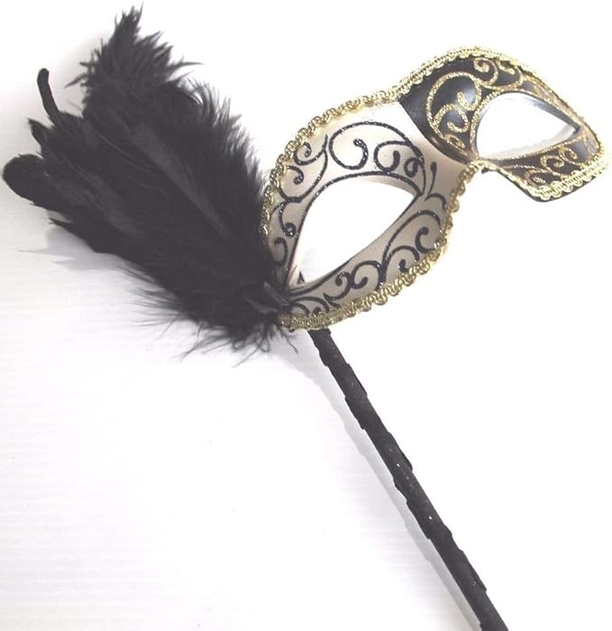 LADIES HAND HELD BLACK IVORY & GOLD MASQUERADE PARTY EYE MASK