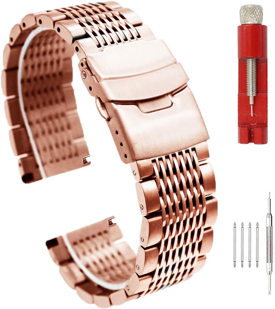 Solid Stainless Steel Mesh Watch Band for Men Women Brushed Middle Polished Metal Watch Strap Bracelet Deployment Clasp 20mm 22mm 24mm Black Silver Blue Gold Rose Gold
