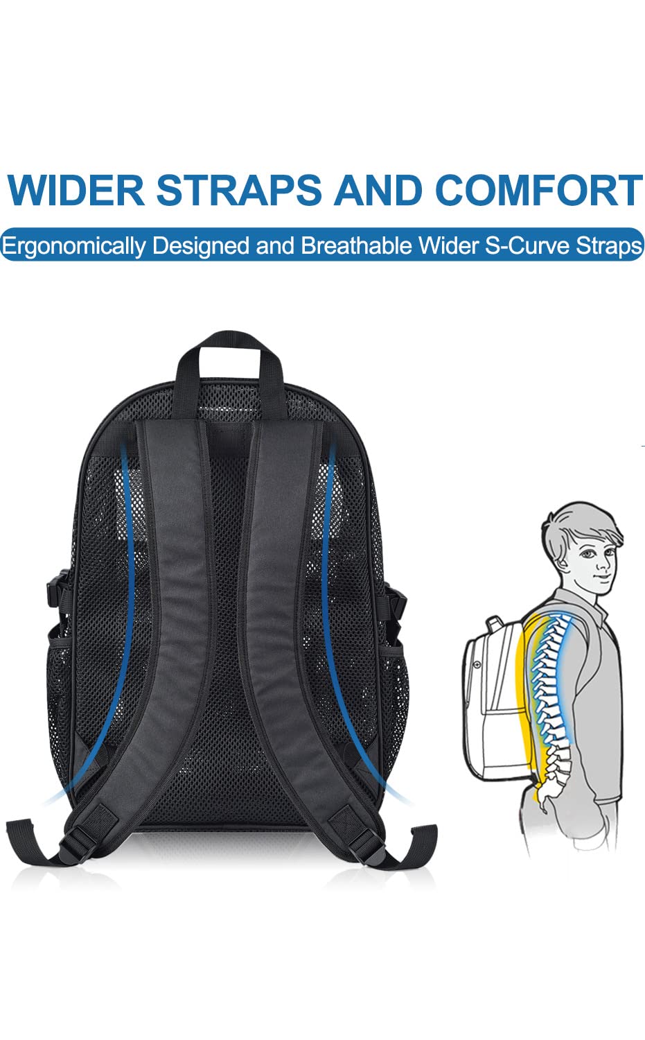 Heavy Duty Mesh Backpack for School, 22L Black Mesh School Bag with Laptop Compartment for Beach, Commuting, Swimming, Fitness, Sports (Black)
