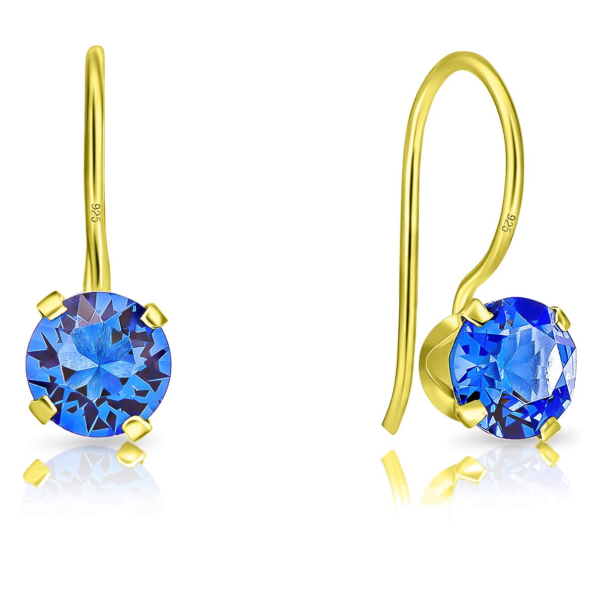 DTPSilver - 925 Sterling Silver Yellow Gold Plated Round Fixed Hook Earrings made with Glittering Crystals from Swarovski® Elements - Diameter: 6 mm - Colour : Blue Sapphire