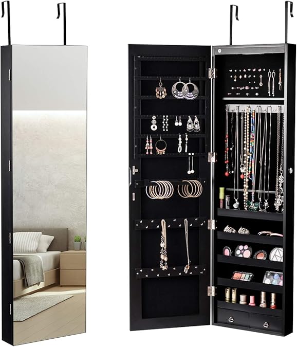 COSTWAY Schmuckschrank mit LED Beleuchtung, Schmuckregal hängend mit