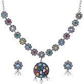 Efulgenz Oxidized Indian Jewelry Necklace Sets Indian Oxidized Jewelry Boho Floral Chain Pendant Crystal Necklace Set Faux Pearl Drop Dangle Earrings Bohemian Statement Jewelry Set for Women