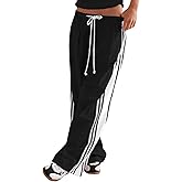 Fisoew Womens Wide Leg Pants Drawstring High Waisted Striped Baggy Palazzo Track Pants with Pockets