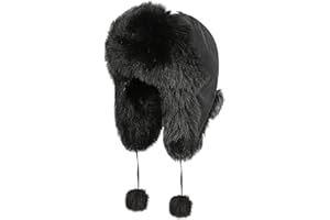 SIQITECHNO Women Faux Fur Trapper Hat with Pom Pom Warm Winter Ushanka Earflaps Hat Furry Russian Trooper Hunting Ski Hat Black