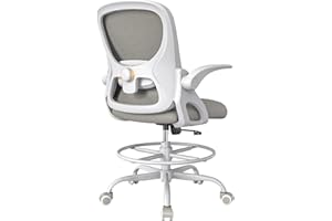 LukkDys Drafting Chair Tall Office Chair with Flip-up Armrests Ergonomic Computer Standing Desk Chair with Comfy Lumbar Support and Adjustable Footrest Ring for Bar Height Desk(White-Gray)