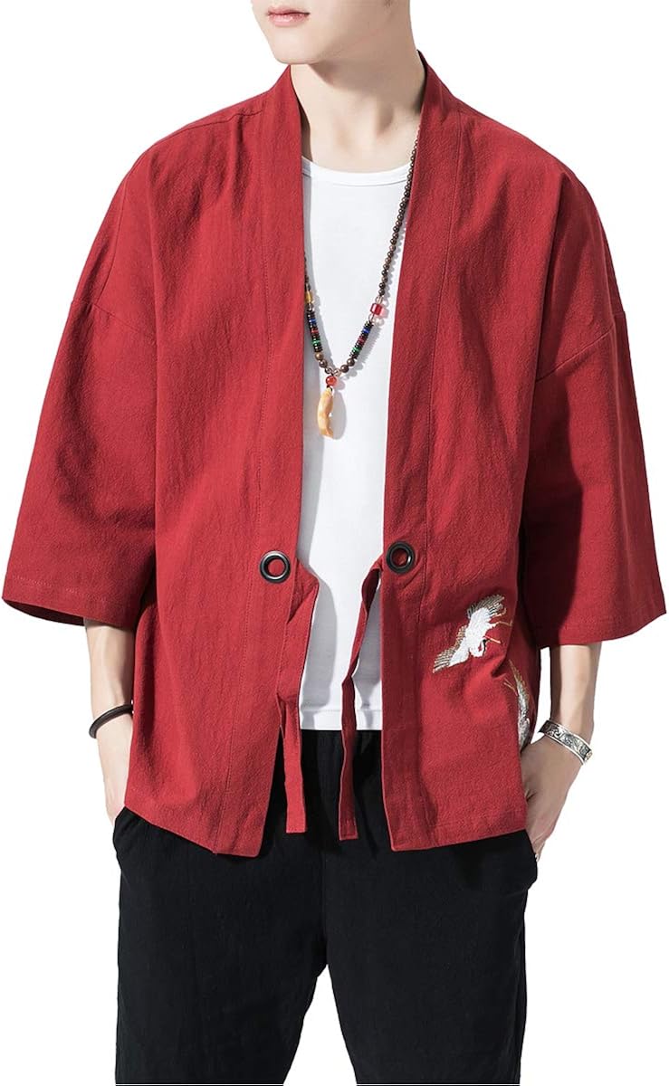 PRIJOUHE Men's Kimono Jackets Cardigan Lightweight Casual Cotton Blends Linen Seven Sleeves Open Front Coat Outwear at  Men’s Clothing store