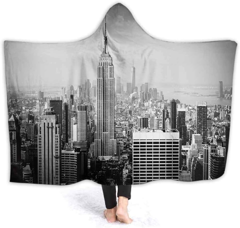 prunushome Wearable Blanket Hoodie-Plush Warm Blanket New York City June Lower Skyline in B W Fluffy Blankets for Bed Couch Travel, Throw Blankets, 60W by 40H Inches