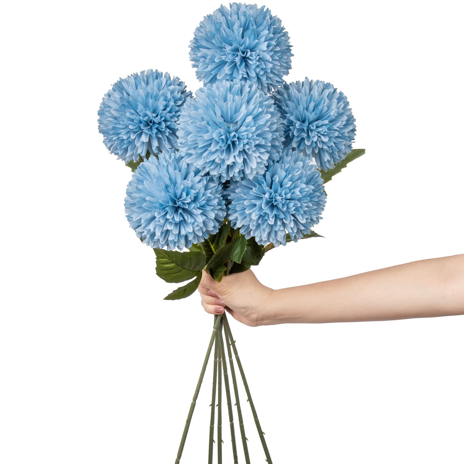 Hollyone 4'' Large Artificial Chrysanthemum Flowers with 24.7'' Long Stem, 6 pcs Blue Fake Silk Flowers Faux Ball Flower for Home Decor, Bridal, Wedding, Party, Garden, Floral Arrangement