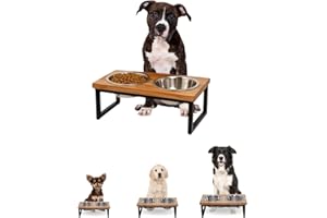 AASPIRE PETS Elevated Dog Bowls, Medium 5 inches Height Mango Wood Raised Dogs Bowl Stand with Two 32oz Stainless Steel Pet Dishes | Food & Water 4Cup/0.95L Capacity Nonslip Cats Feeding Station