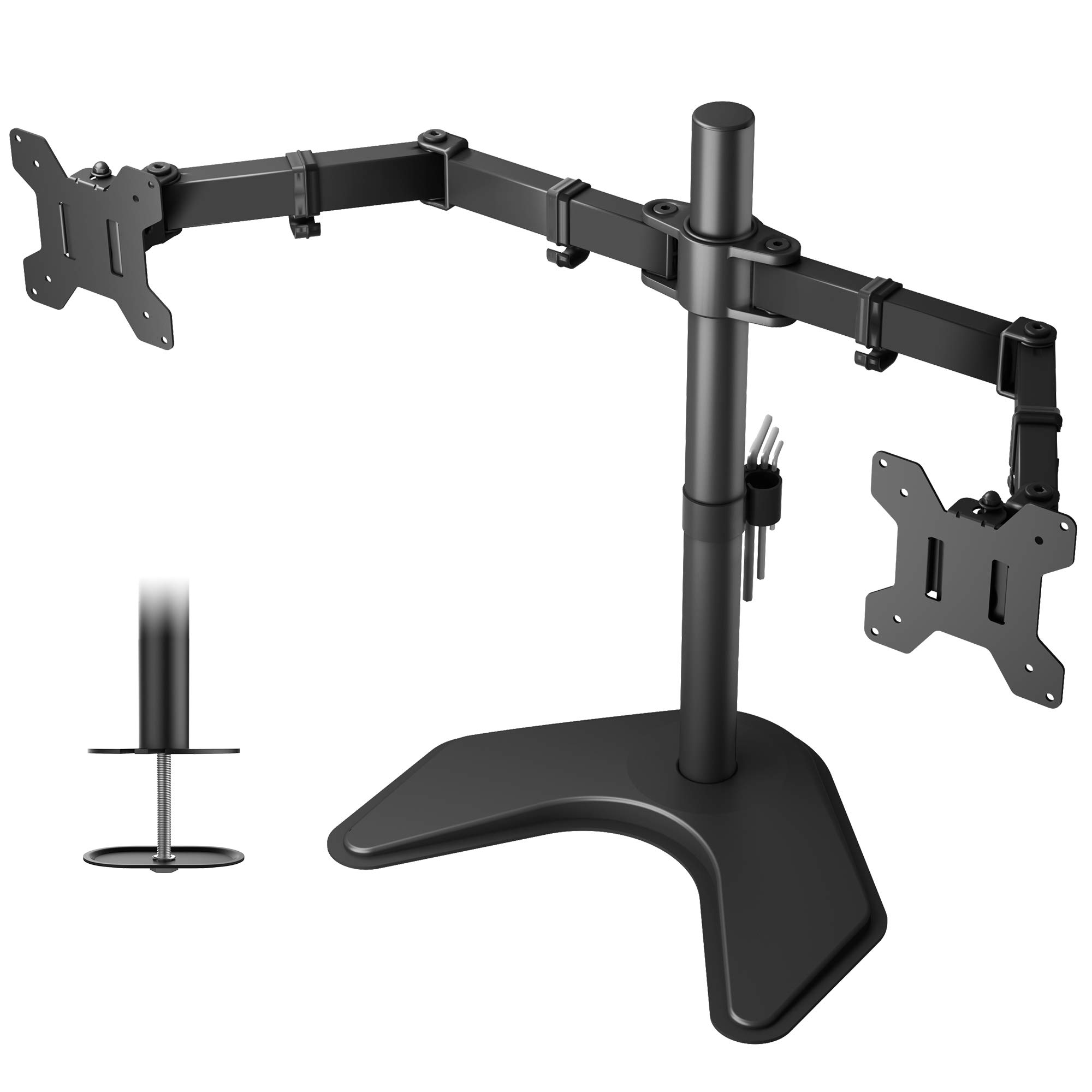 BONTEC Dual Monitor Stand for 13-27” Screens, Adjustable Desk Mount with Tilt, Swivel & Rotate, VESA 75x75 & 100x100mm, Height Adjustable, Holds Up to 10kg per Arm, Sturdy Base for Home & Office Use