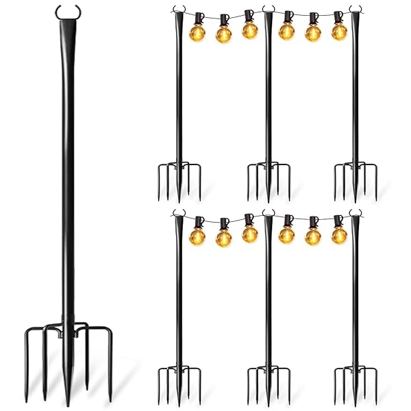6 PACK STRING LIGHT POLES FOR OUTSIDE, UPGRADED HEAVY-DUTY METAL POLES FOR OUTDOOR STRING LIGHTS WITH FORK, ADJUSTABLE LIGHTING HANGING ACCESSORIES FOR PATIO DECOR PERGOLA BACKYARD GARDEN DECORATIONS