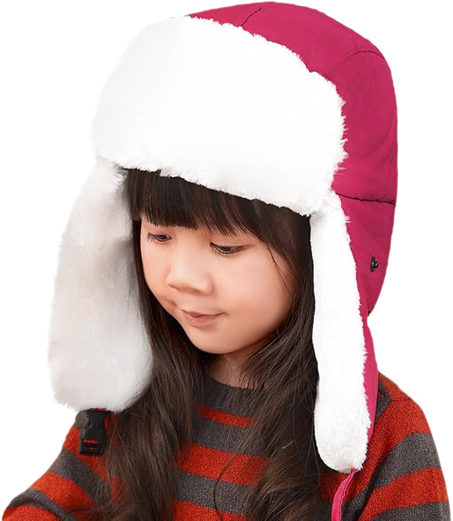 JIAHGUK Kids Trapper Hat Girls Boys Winter Bomber Hat Set including Faux Fur Ear Flap Windproof Cartoon Russian Trooper Pilot Aviator Hat Fleece Ski Cap Outdoor Headwear for 5-10Y Rose red - Image 3