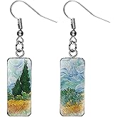 KaFu Rectangle Van Gogh Painting Starry Sky Sunflower Drop Dangle Earrings Abstract Art Trendy Glass Earrings for Women Girls Charm Jewelry