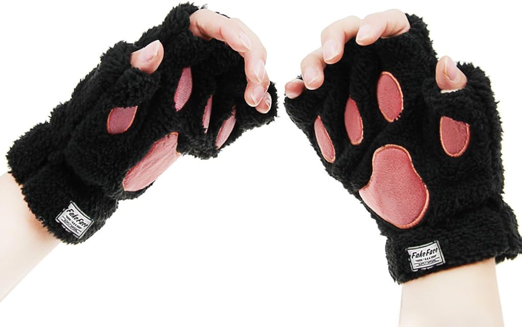 FakeFace Cute Cat Kitten Paw Fingerless Faux Fur Plush Gloves For Girls Women, Black, Small at  Women’s Clothing store