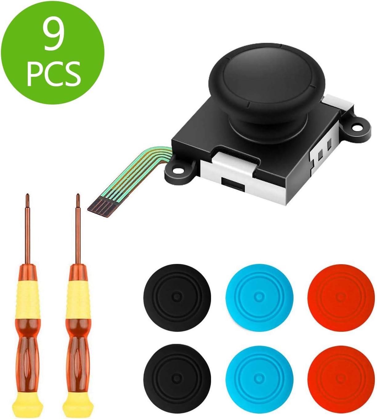 Wattne 1 Pack 3D Replacement Joystick Analog Thumb Stick for Nintendo Switch Joy Con Controller, ThumbStick Repair Tool kit Bundle Tri-Wing & Cross Screwdriver + 6 Thumbstick Caps