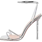 LISHAN Women's Square Toe Rhinestones Studded Sandals Ankle Buckle Clear High Heels