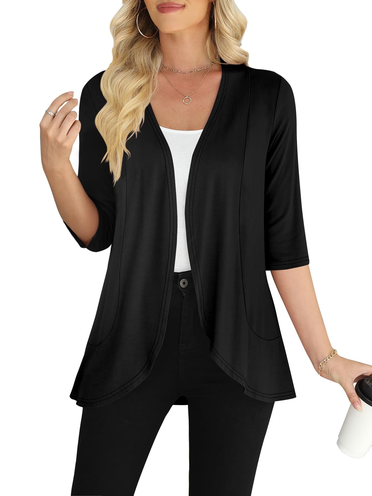 Photo 1 of Yincro Women's 3/4 Sleeve Cardigan Casual Lightweight Soft Open Front Cardigans (Black, XL)