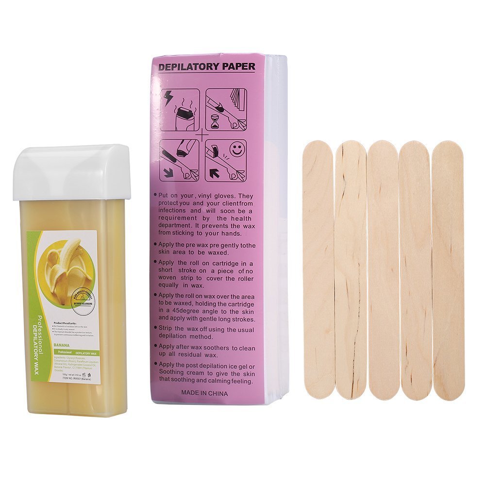 Wood Sticks, Roll-on Refillable Depilatory Wax Cartridge Sensitive Skin Waxing Strip Wax Hair Removal Salon with Depilatory Paper and Wooden Spatulas (Banana)