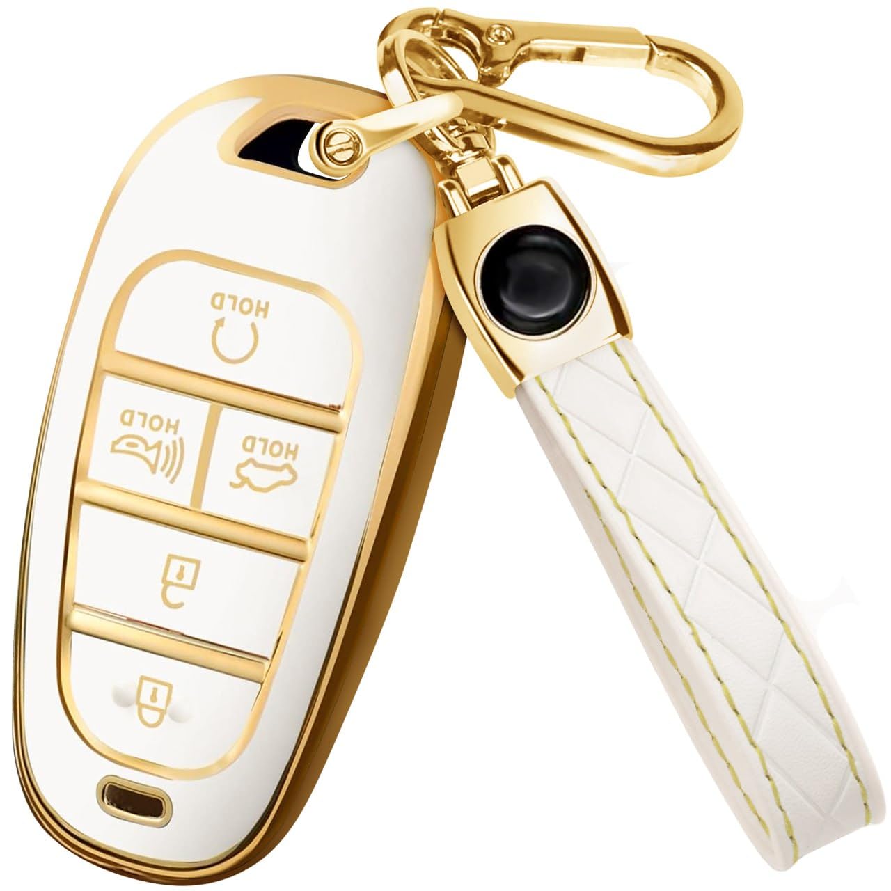 Photo 1 of for Hyundai Sonata Key Fob Cover and Leather Keychain - TPU Key Case for Hyundai Santa Fe, Tucson, Ioniq 5, Palisade - 2019-2023 Keyfob Cover Compatible with TQ8-F08-4F27 - White and Gold