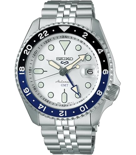 Amazon.com: Seiko Men Analogue Cream Dial Silver Band 5 Sports GMT
