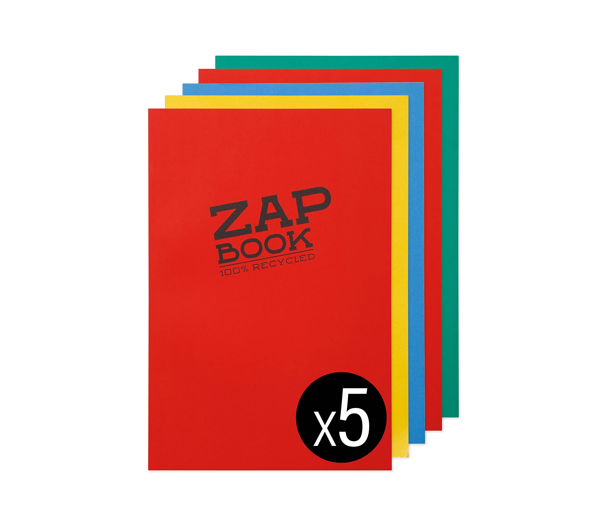 Clairefontaine 3354C Carnet Encollé Zap Book - 160 Feuilles Papier Croquis 100% Recyclé - A4 21x29,7 cm 80g - Couleurs de Couverture ass Aléatoires - Paquet de 5 carnets
