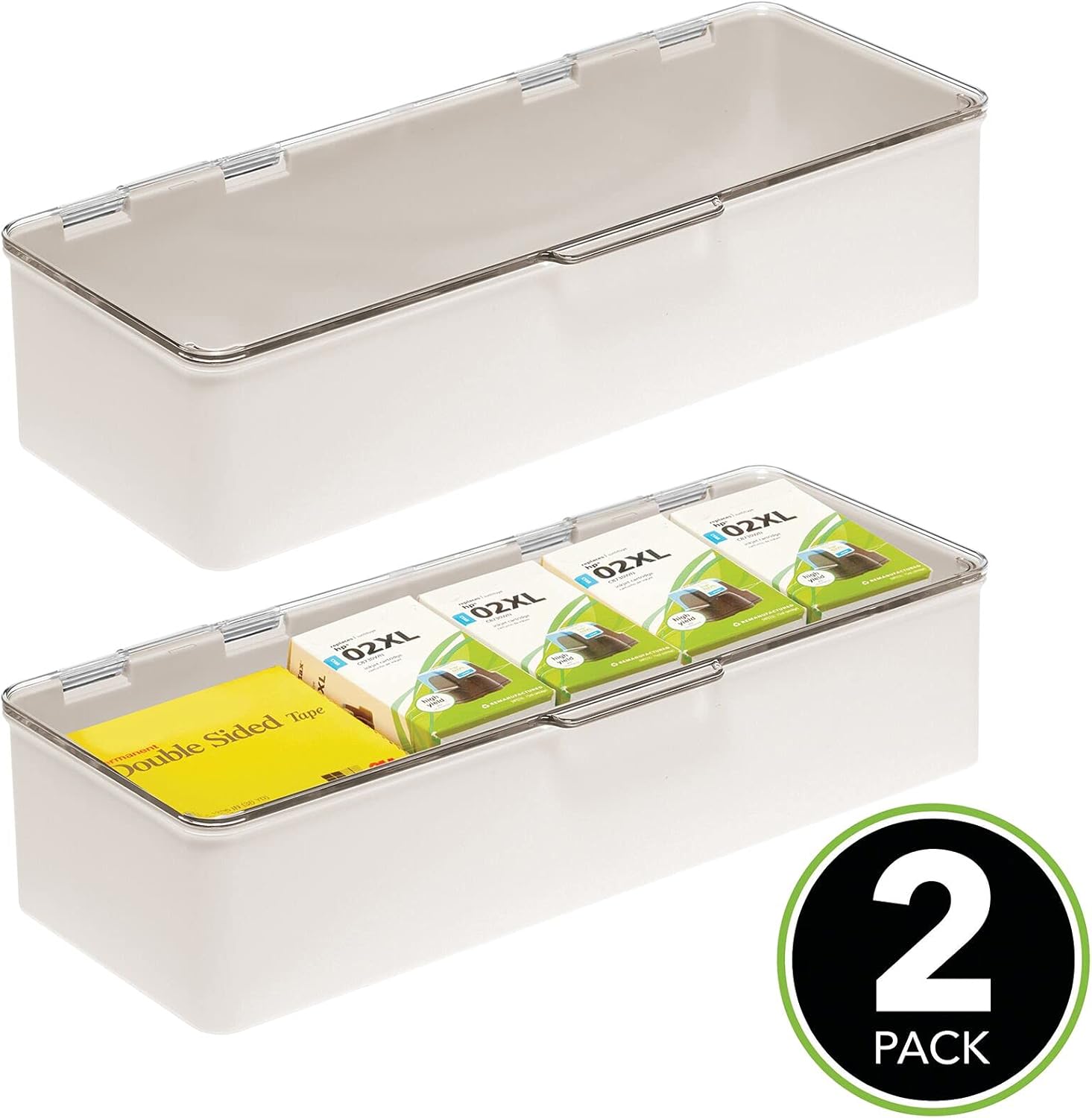 mDesign Plastic Stackable Box Home, Office Supplies Storage Organizer Box with Attached Hinged Lid - Holder for Note Pads, Gel Pens, Staples, Dry Erase Markers, Tape - 2 Pack - Cream/Clear : Office Products