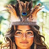 GORTIN Indian Headdress Peacock Feather Headband Native American Headpiece Carnival Costume Hair Accessories for Women (Brown, Free size)